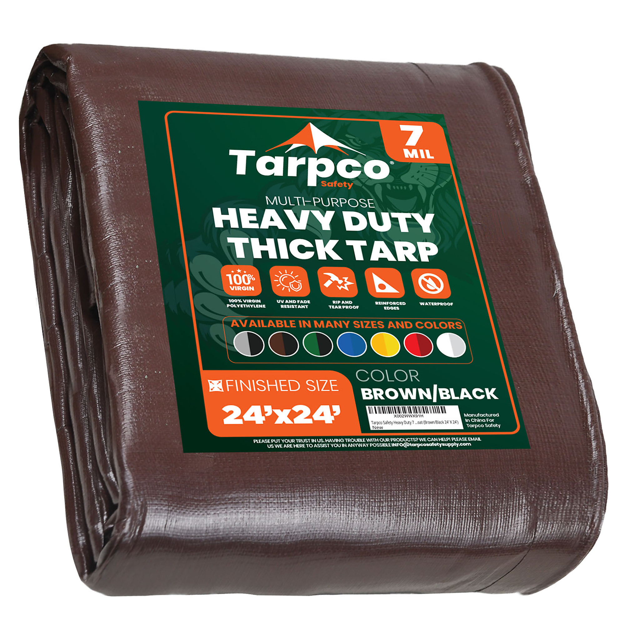 Tarpco Safety Heavy-Duty Tarp Cover — 24ft. x 24ft., 7 Mil, Waterproof, UV Resistant, Rip and Tear Proof, Reinforced Edges, Brown/Black, Model# TS-202-24X24